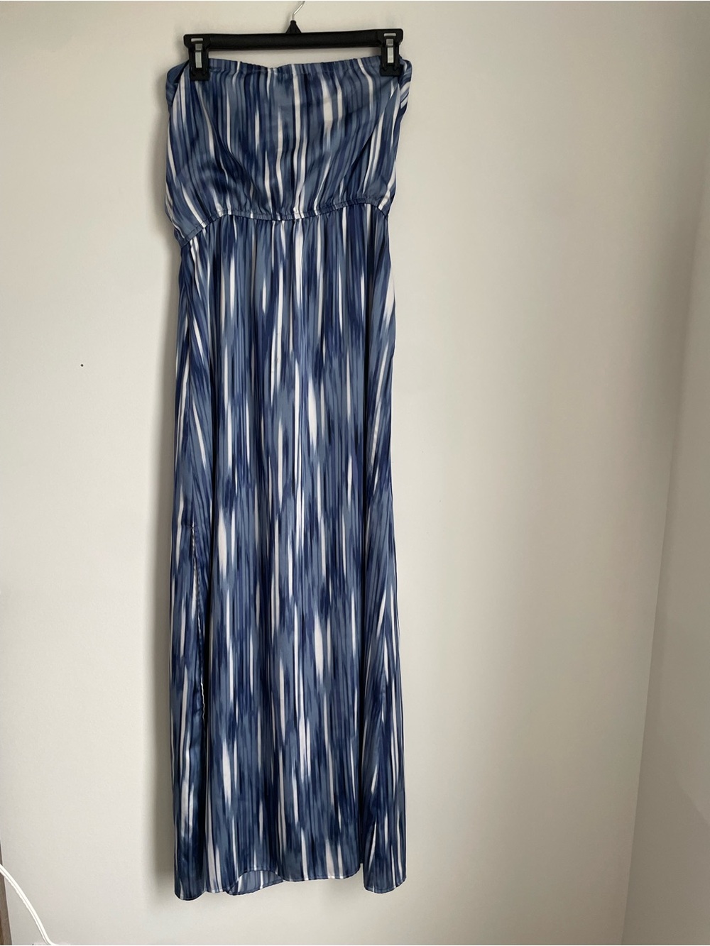 WHBM Women’s Blue Strapless Striped Satin Maxi Dress Wedding Guest Formal